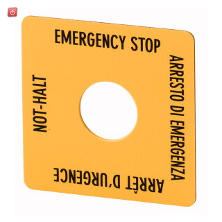 EATON / 121375 / NOT-HALT Schild, gelb, Schrift schwarz, quadratisch 50 x 50 mm, de, en, fr, it, Frontabmessung 25 x 25 mm SQT11 / EAN4015081192052
