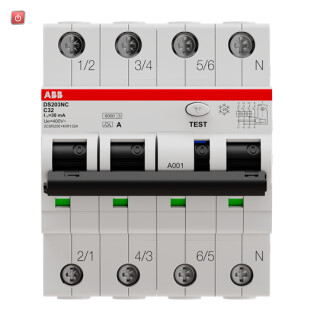 ABB2CSR256140R1324 / DS203NCA-C32/0,03 FI/LS-Schalter 6kA, 3P+N, Typ A, C 32, 30mA / EAN 8012542831228